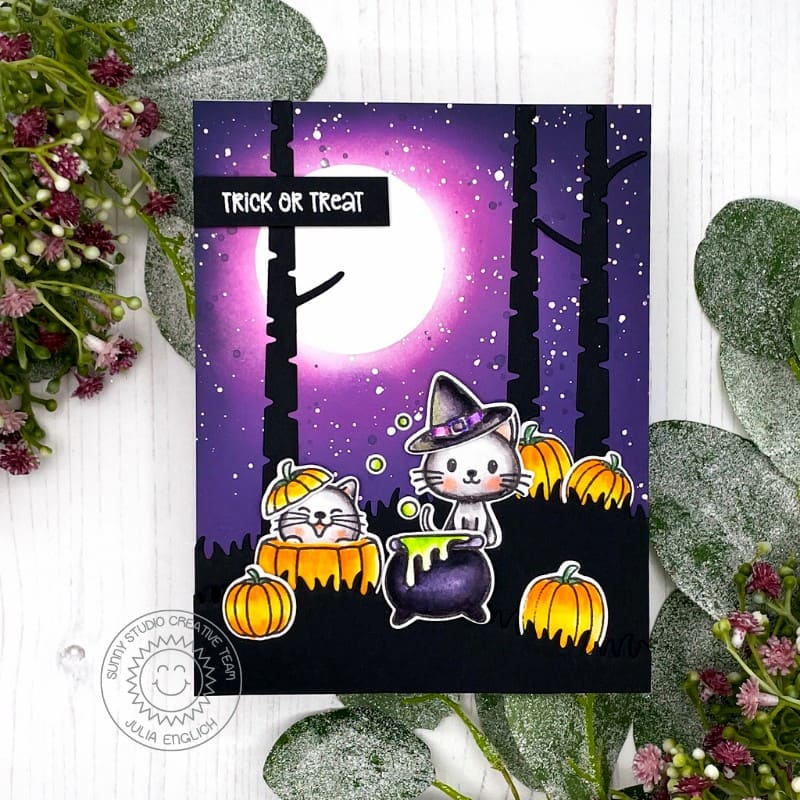Sunny Studio Trick or Treat Cat in Woods with Moon & Pumpkins Halloween Card (using Bewitching 2x3 Clear Stamps)