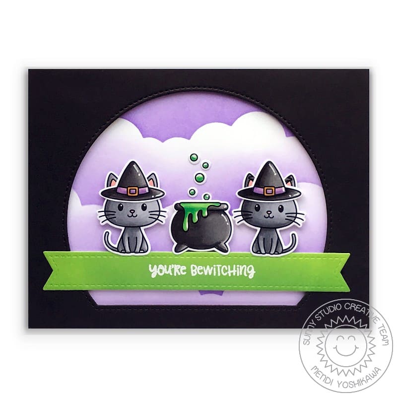 Sunny Studio Halloween Cat Witch Card with Purple Fluffy Clouds (using Bewitching 2x3 Clear Photopolymer Stamps)