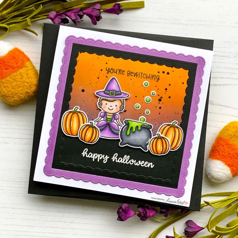 Sunny Studio Cute Witch with Cauldron Fall Halloween Scalloped Square Card (using Bewitching 2x3 Clear Stamps)