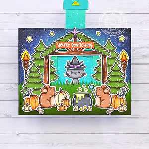 Sunny Studio Cat, Mice & Pumpkins Halloween Card (using Bewitching 2x3 Clear Stamps & Lawn Fawn Magic Picture Changer)