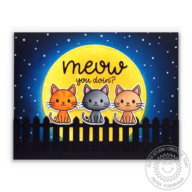 Sunny Studio Stamps Meow You Doin'? Punny Cats Sitting on Fence with Moon Thinking of You Card (using Picket Fence Border Die)
