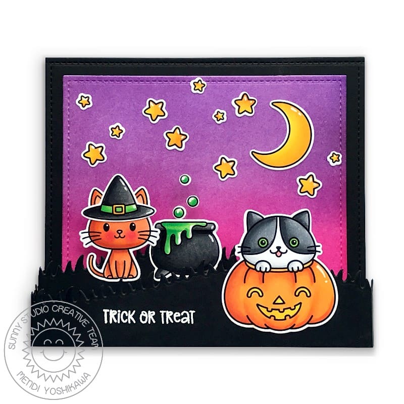 Sunny Studio Cat in Pumpkin with Moon & Stars Pop-up Box Halloween Card (using Scaredy Cat 2x3 Clear Stamps)