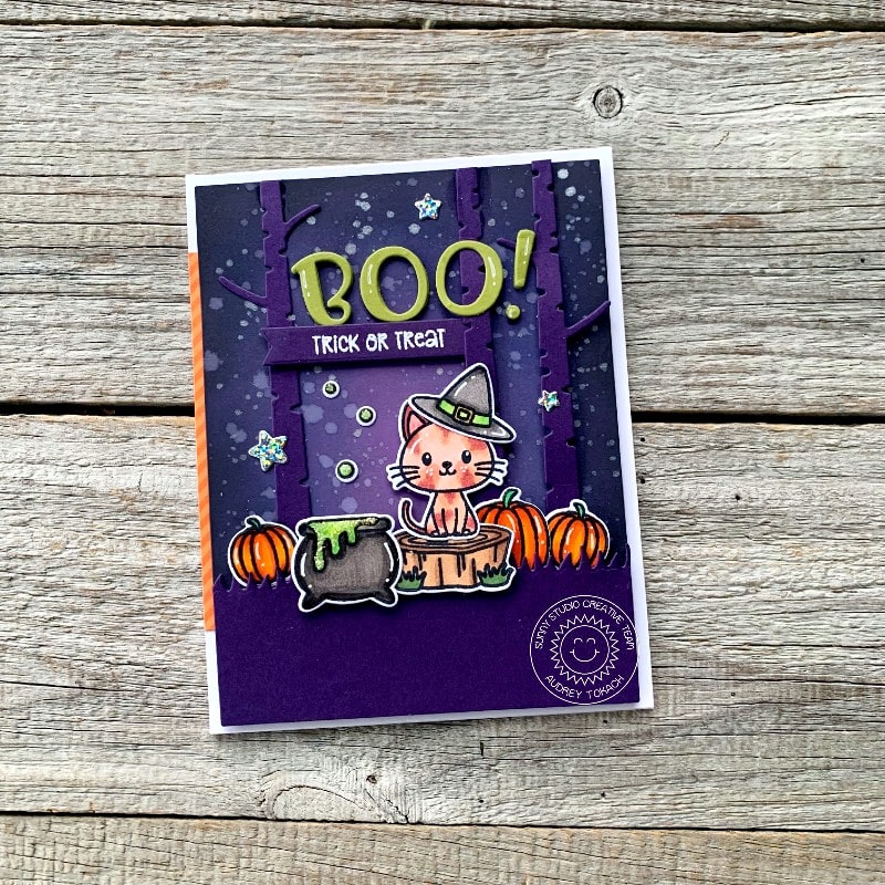 Sunny Studio Boo & Trick or Treat Kitty Cat in the Woods Halloween Card (using Bewitching 2x3 Clear Stamps)