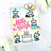 Sunny Studio Make A Wish Panda Bear & Birthday Cake Comic Strip Card (using Big Bold Greetings 4x6 Clear Sentiment Stamps)