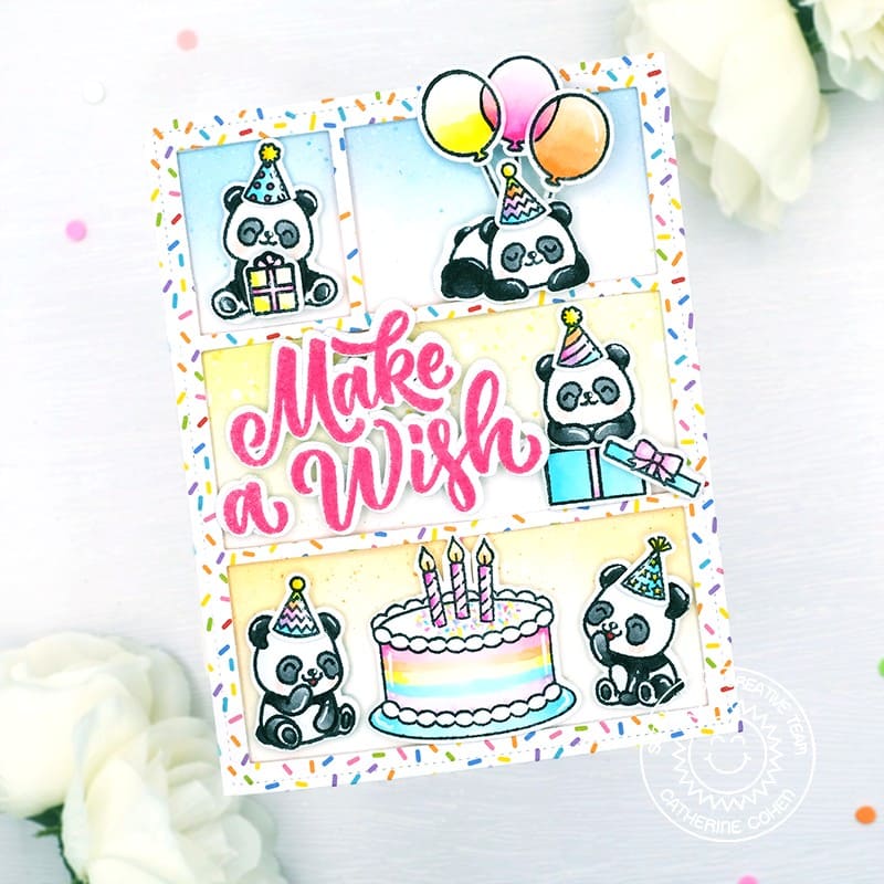 Sunny Studio Panda Bears with Cake & Candles Comic Strip Style Birthday Party Card (using Make A Wish 2x3 Clear Stamps)
