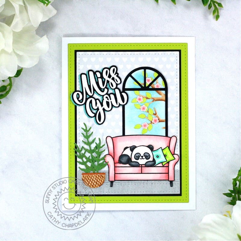 Sunny Studio Panda Bear Sleeping on Sofa Couch with Window Miss You Card (using Cozy Christmas 4x6 Clear Stamps)