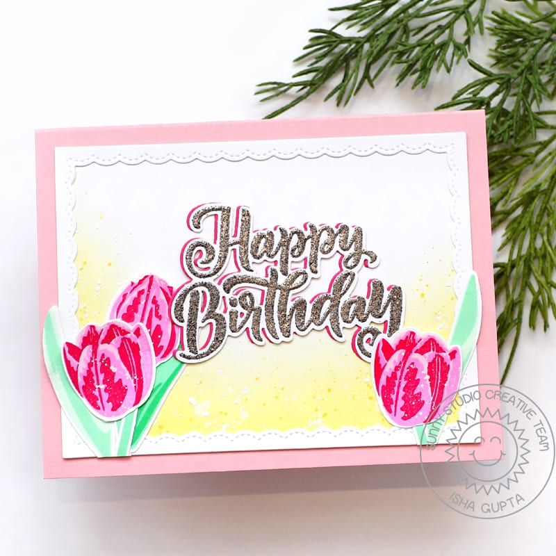 Sunny Studio Stamps Scalloped Spring Tulip Birthday Card by Isha Gupta (using Big Bold Greetings 4x6 Clear Sentiment Stamps)
