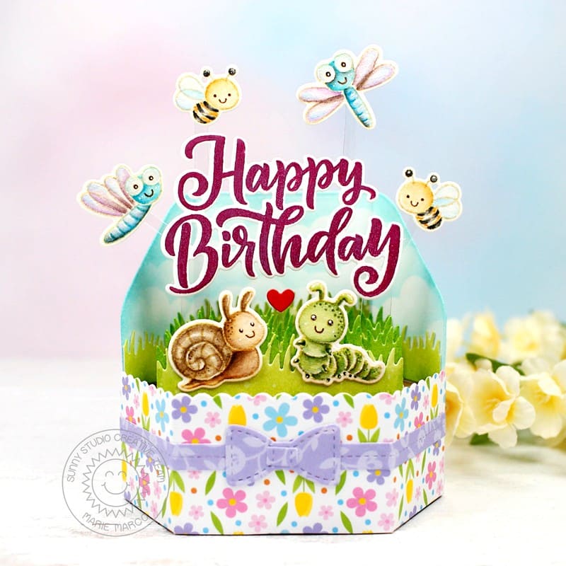 Sunny Studio Dragonflies, Snail, Caterpillar & Bumblebees Pop-up Platform Box Birthday Card using Big Bold Greetings Stamps