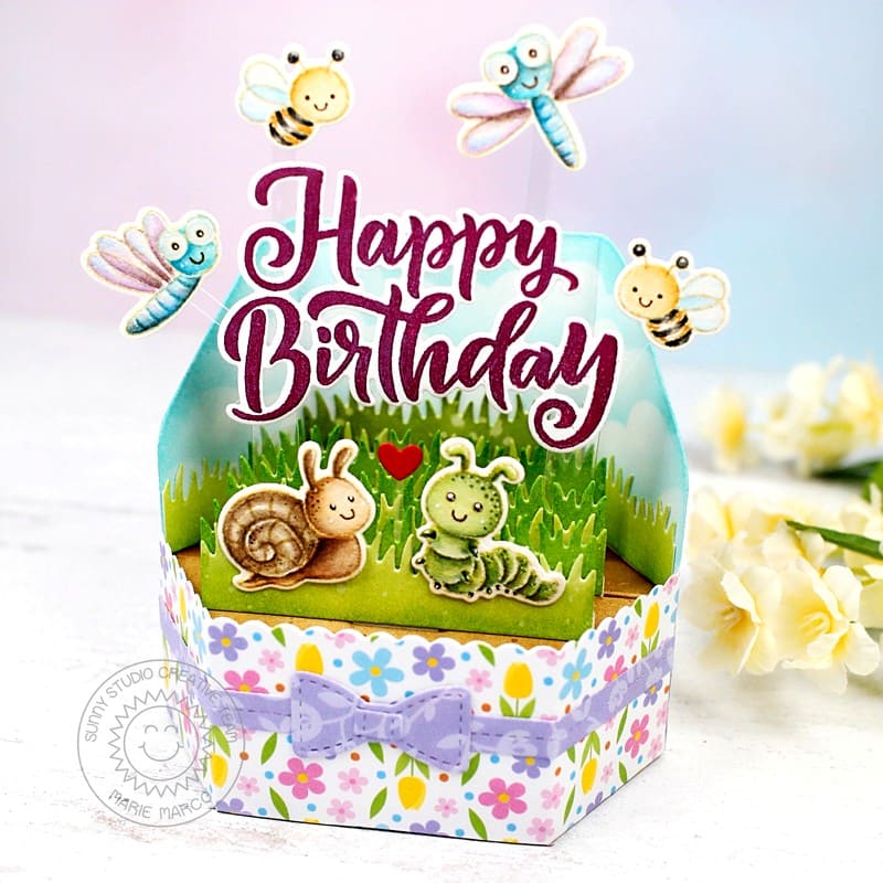 Sunny Studio Dragonflies, Snail, Caterpillar, Bumblebees Pop-up Platform Box Birthday Card using Garden Critters Clear Stamp