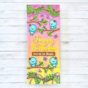 Sunny Studio You're One Cool Birdie Birds on Tree Branches Slimline Birthday Card (using Little Birdie 4x6 Clear Sentiment Stamps)