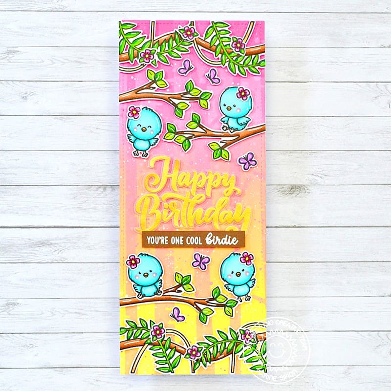 Sunny Studio You're One Cool Birdie Birds Slimline Birthday Card (using Big Bold Greetings 4x6 Clear Sentiment Stamps)
