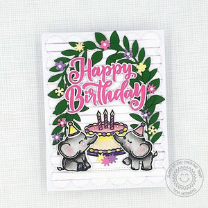 Sunny Studio Elephants with Cake, Candles & Vine Arch Scalloped Birthday Card using Big Bold Greetings Clear Sentiment Stamp