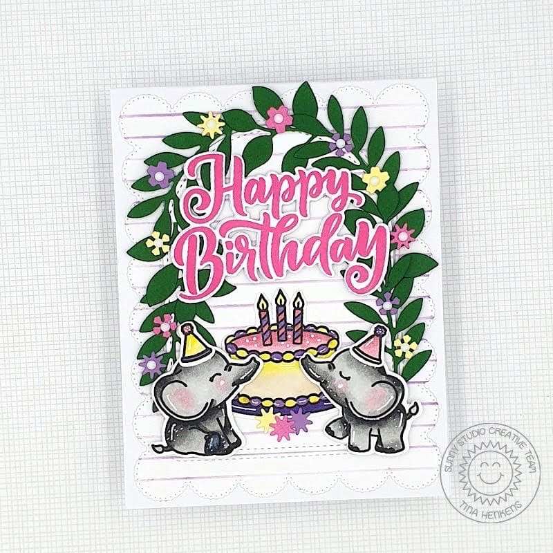Sunny Studio Elephants with Cake, Candles & Leaf Vine Arch Scalloped Birthday Card (using Baby Elephants 4x6 Clear Stamps)
