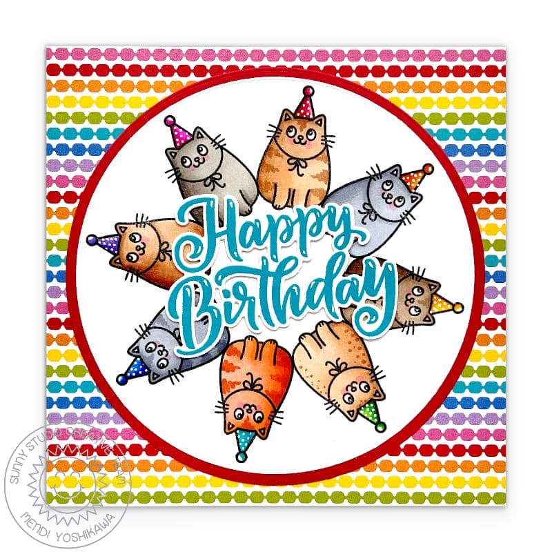 Sunny Studio Stamps Cat Circle Rainbow Streamers Square Birthday Card (using Surprise Party 6x6 Patterned Paper Pad)