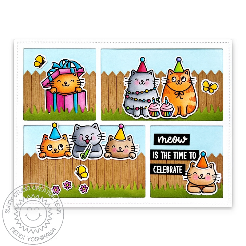Sunny Studio Meow is the Time to Celebrate Kitty Comic Strip Punny Birthday Card (using Birthday Cat 4x6 Clear Stamps)