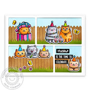Sunny Studio Stamps Meow is the Time to Celebrate Cat Comic Strip Punny Birthday Card (using Picket Fence Border Metal Dies)