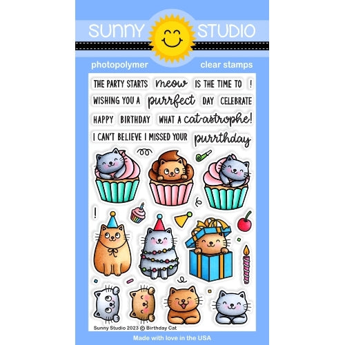Sunny Studio Birthday Cat 4x6 Kitty Party Themed Clear Photopolymer Stamps SSCL-353