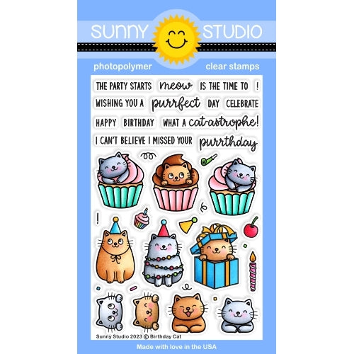 Sunny Studio Birthday Cat 4x6 Kitty Party Themed Clear Photopolymer Stamps SSCL-353
