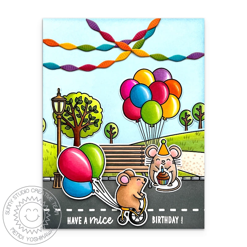 Sunny Studio Punny Mouse with Rainbow Balloons at Park Birthday Party Card (using Crepe Paper Streamers Metal Cutting Dies)