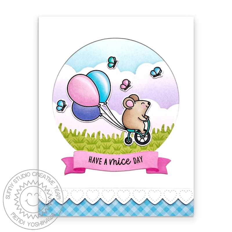 Sunny Studio Have A Mice Day Mouse on Tricycle with Balloons & Butterflies Card (using Birthday Mouse 2x3 Clear Stamps)