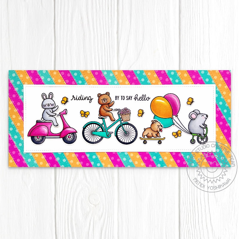 Sunny Studio Riding By To Say Hello Critters on Bicycles Polka-dot Striped Slimline Card (using Birthday Mouse Clear Stamps)