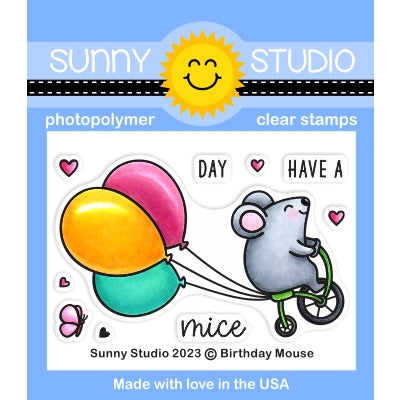 Sunny Studio Birthday Mouse 2x3 Punny Mice on Tricycle with Trailing Balloons Clear Photopolymer Stamps SSCL-354