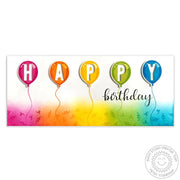 Sunny Studio Stamps: Birthday Balloon HAPPY Birthday Rainbow Confetti Slimline Card by Mendi Yoshikawa