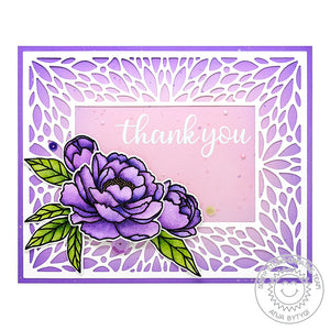 Sunny Studio Stamps Purple Peony Floral Thank You Card Handmade Card (using Blooming Frame Petal Background Backdrop Mat Metal Cutting Dies)