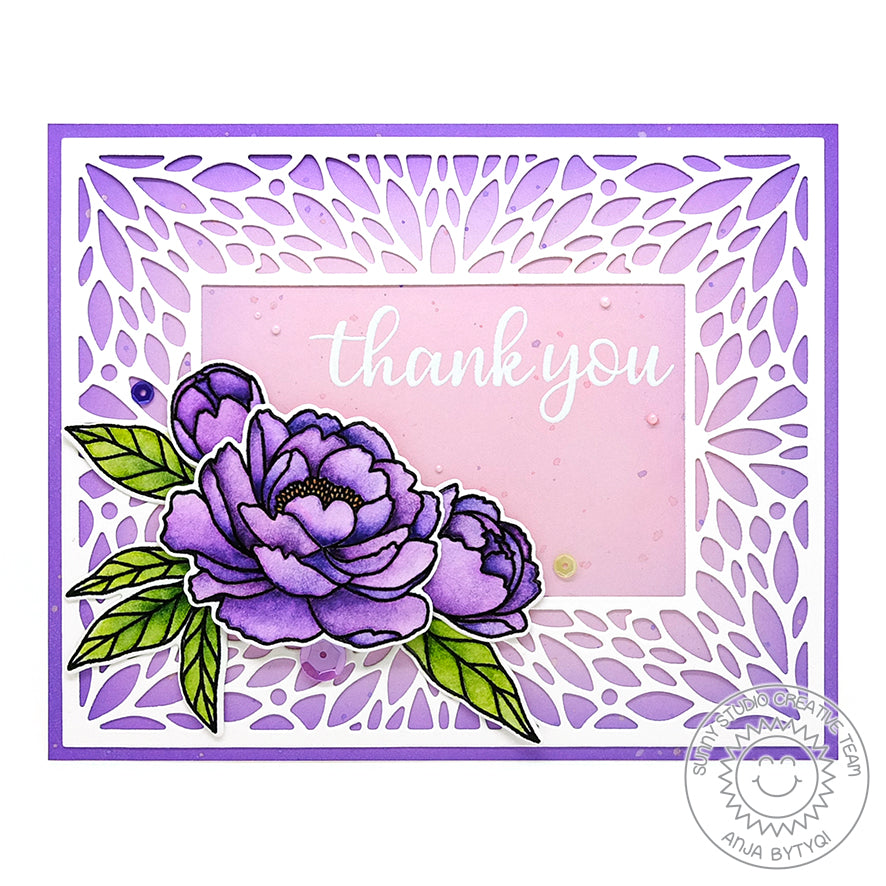 Sunny Studio Purple, Lavender & Green Floral Peony Flower Handmade Spring Thank You Card using Pink Peonies 4x6 Clear Stamps