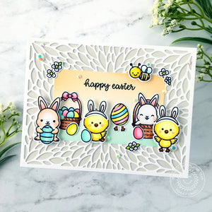 Sunny Studio Stamps Happy Easter Chick, Bunny & Bumblebee Handmade Card (using Blooming Frame Petal Background Backdrop Metal Cutting Dies)