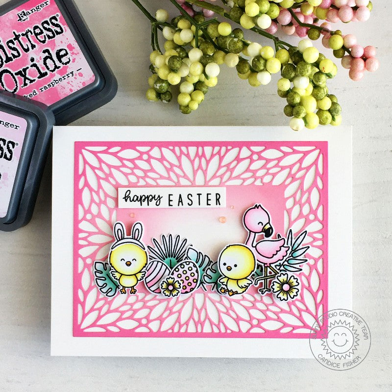 Sunny Studio Happy Easter Chicks with Flamingos Tropical Card using Kinsley Alphabet & Numbers 3x4 Clear Photopolymer Stamps