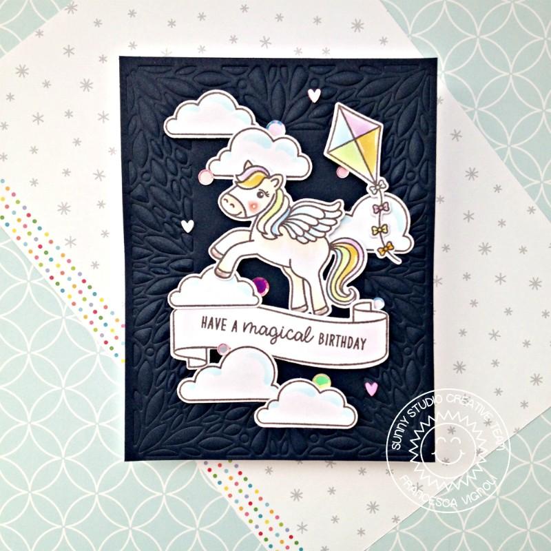 Sunny Studio Stamps Magical Birthday Pegasus Card (using Blooming Frame Petal Background Backdrop Cover Plate Cutting Die)