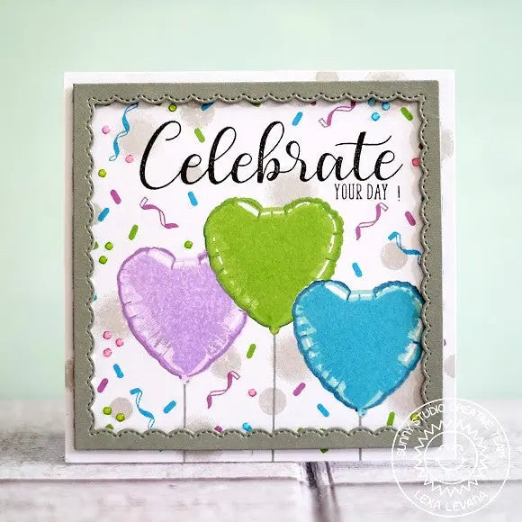 Sunny Studio Stamps: Birthday Balloon Lavender, Green & Blue Mylar Heart Celebrate Card by Lexa Levana