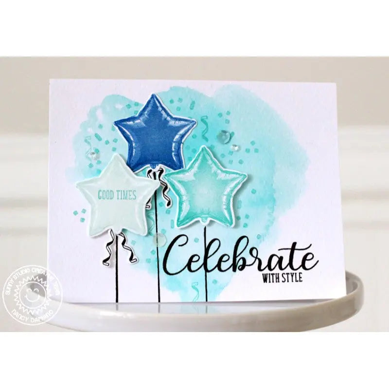 Sunny Studio Stamps Bold Balloons Aqua & Blue Star Mylar Birthday Card