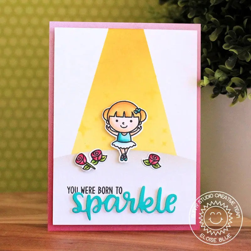 Sunny Studio Stamps Sparkle Word Card with Ballet Dancer by Eloise Blue