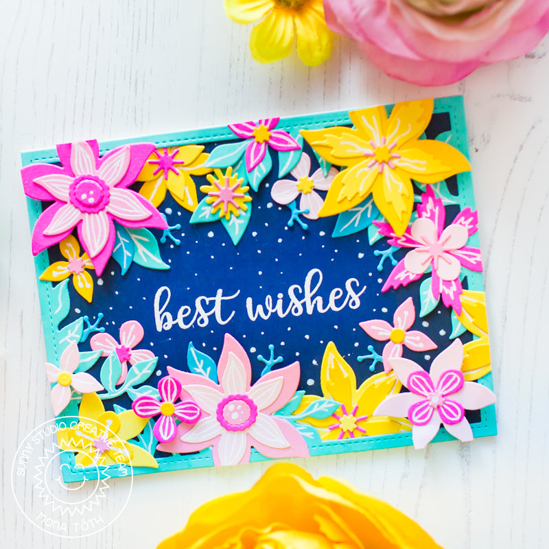 Sunny Studio Best Wishes Colorful Flower Card (using Everyday Greetings sentiment stamps)