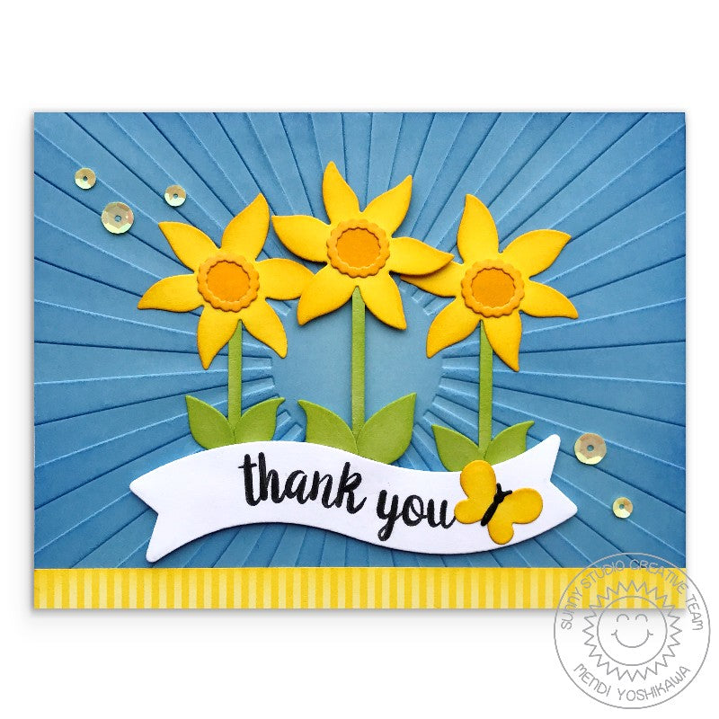 Sunny Studio Stamps Daffodil Thank You Card (using Sunburst Sun Ray 6x6 Embossing Folder)