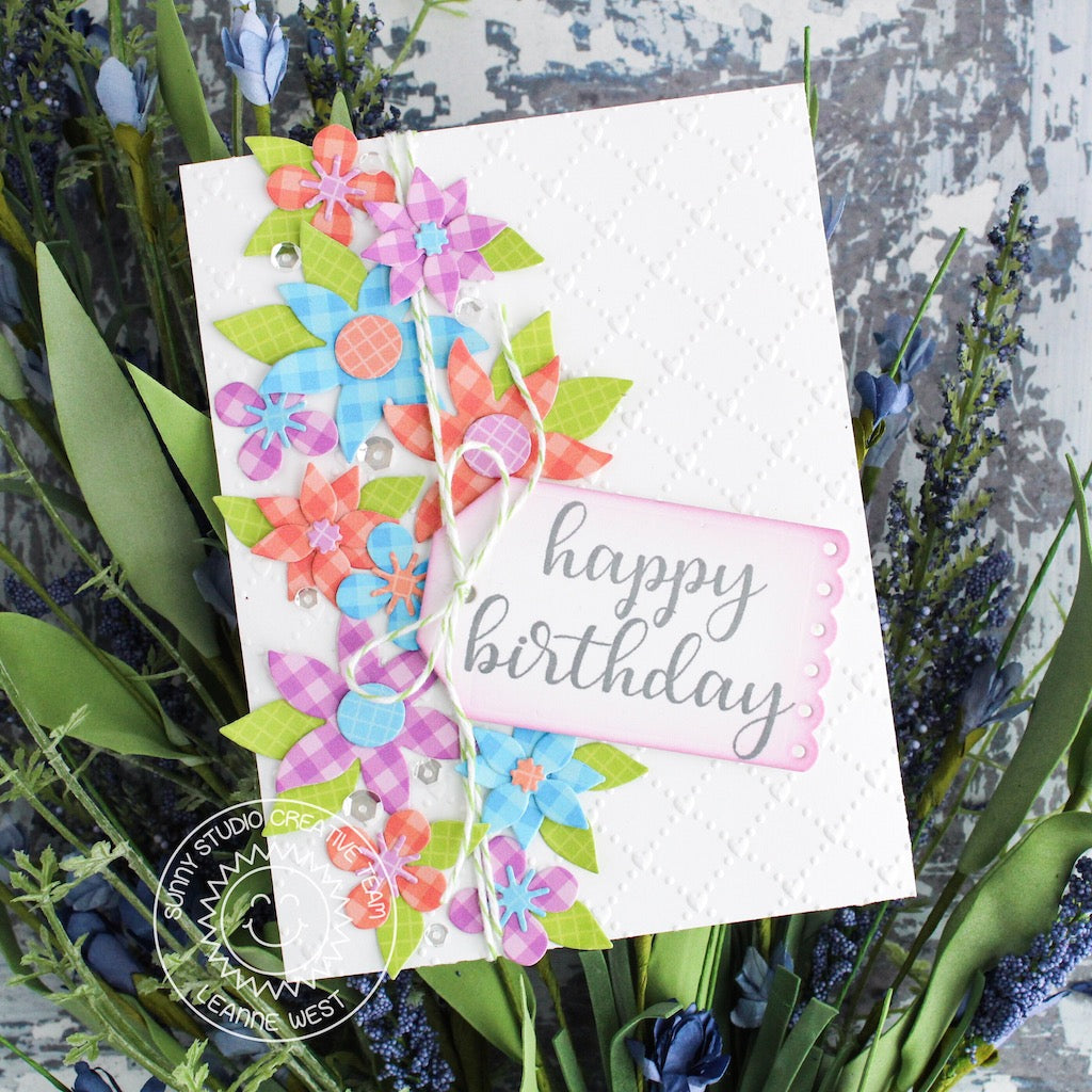 Sunny Studio Stamps Floral Flower Birthday Card by Leanne West (using Botanical Backdrop Metal Cutting Die)