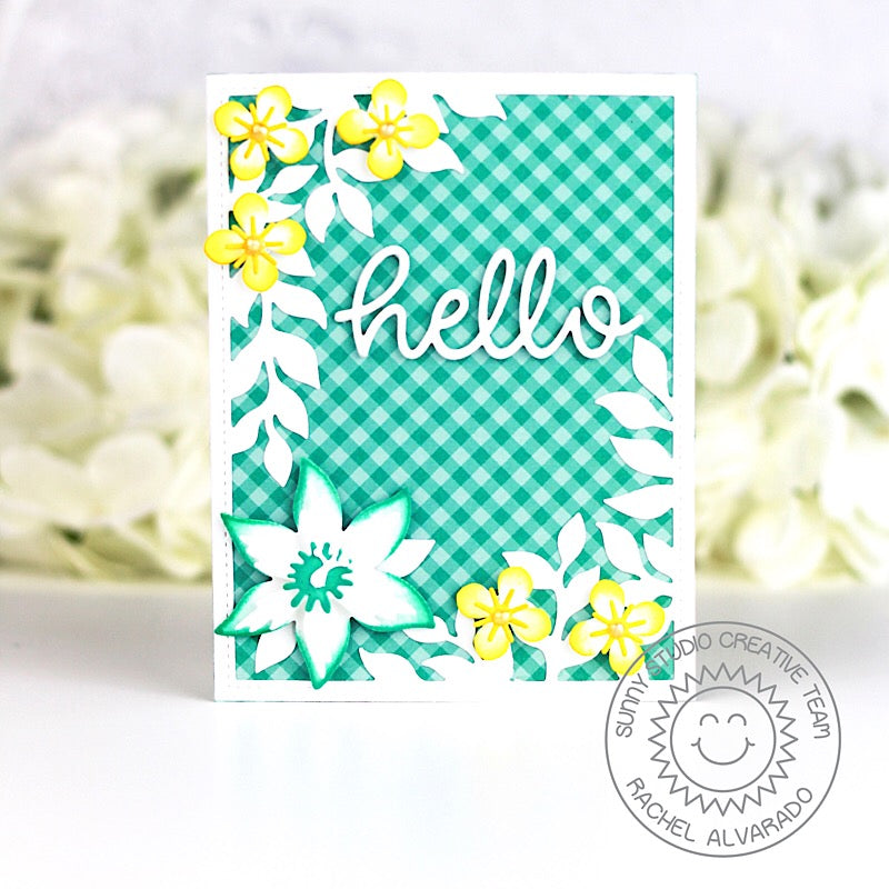 Sunny Studio Stamps Botanical Backdrop Aqua & Yellow Gingham Flower Hello Card