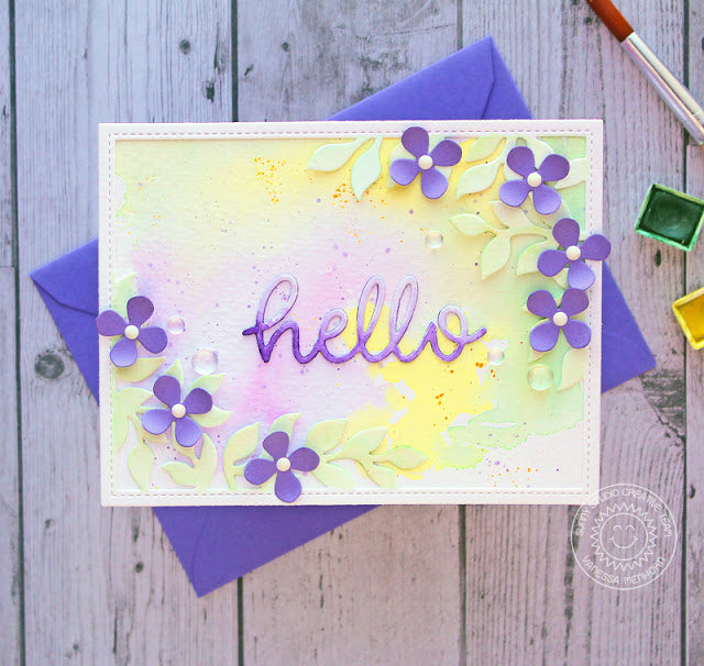 Sunny Studio Stamps Lavender Pastel Flower Hello Card by Vanessa Menhorn (using Botanical Backdrop Die)