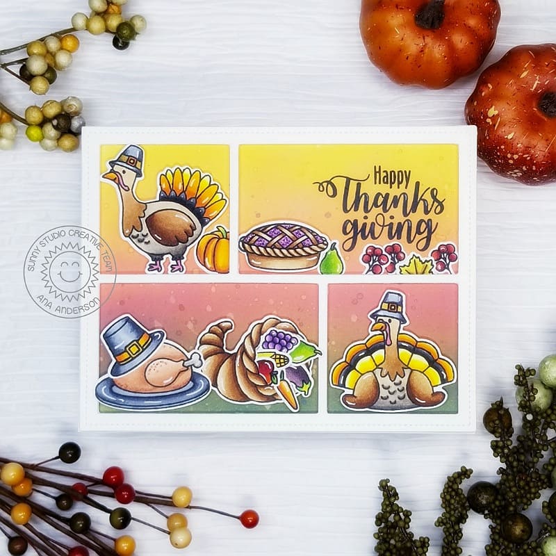Sunny Studio Fall Harvest Turkey with Thanksgiving Dinner Handmade Card (using Bountiful Autumn 4x6 Clear Stamps)