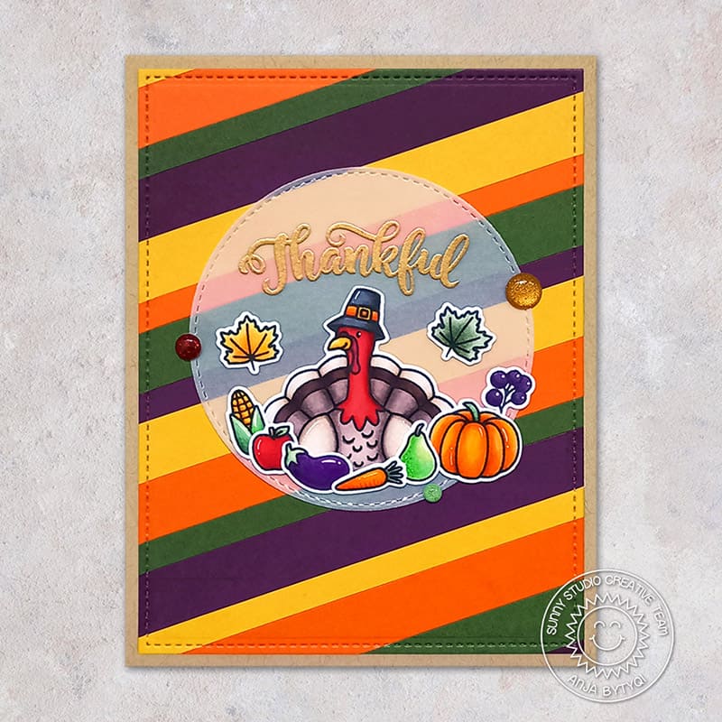 Sunny Studio Thankful Turkey with Pumpkin Striped Fall & Autumn Card using Bountiful Autumn 4x6 Thanksgiving Clear Stamps