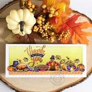 Sunny Studio Thanksgiving Turkey Dinner Slimline Scalloped Edge Fall Thank You Card using Bountiful Autumn 4x6 Clear Stamps