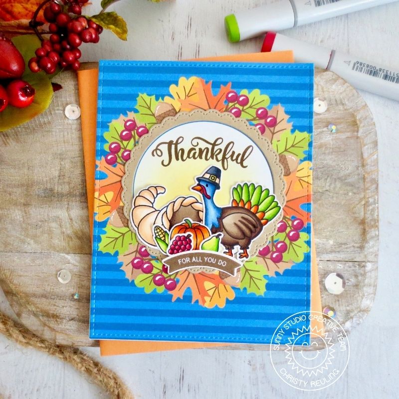 Sunny Studio Stamps Thankful Turkey with Leaves and Blue Striped Background Handmade Fall Card (using Colorful Autumn 6x6 Patterned Paper Pad)