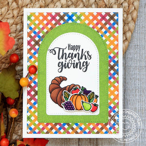 Sunny Studio Stamps Happy Thanksgiving Cornucopia Plaid Handmade Fall Harvest Card using Stitched Arch Metal Cutting Dies