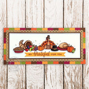 Sunny Studio Stamps Grateful For You Thanksgiving Turkey Dinner Fall Card using Slimline Scalloped Frame Metal Cutting Dies