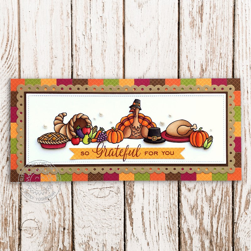 Sunny Studio Stamps Thanksgiving Turkey with Cornucopia Slimline Handmade Fall Harvest Themed Card (using Gingham Jewel Tones Double Sided 6x6 Patterned Paper Pack Pad)
