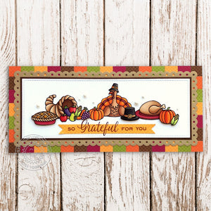 Sunny Studio Stamps Thanksgiving Turkey with Cornucopia Slimline Handmade Fall Harvest Themed Card (using Gingham Jewel Tones Double Sided 6x6 Patterned Paper Pack Pad)