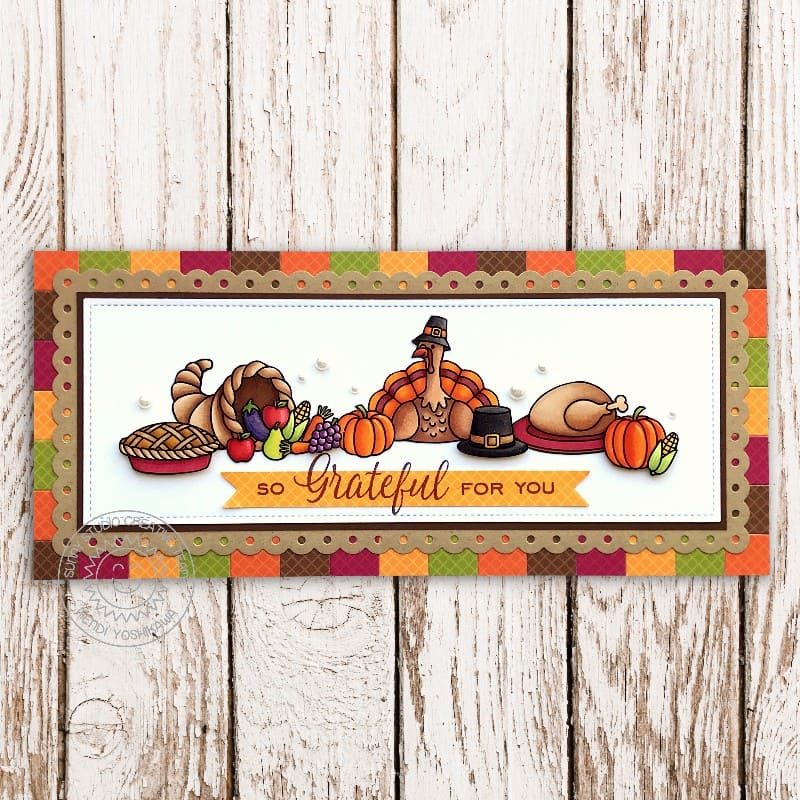 Sunny Studio So Grateful For You Patchwork Turkey Slimline Thanksgiving Card (using Bountiful Autumn 4x6 Clear Stamps)