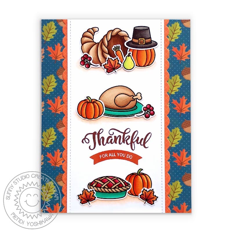 Sunny Studio Thankful For All You Do Cornucopia, Turkey & Pumpkin Pie Thanksgiving Card using Bountiful Autumn Clear Stamps
